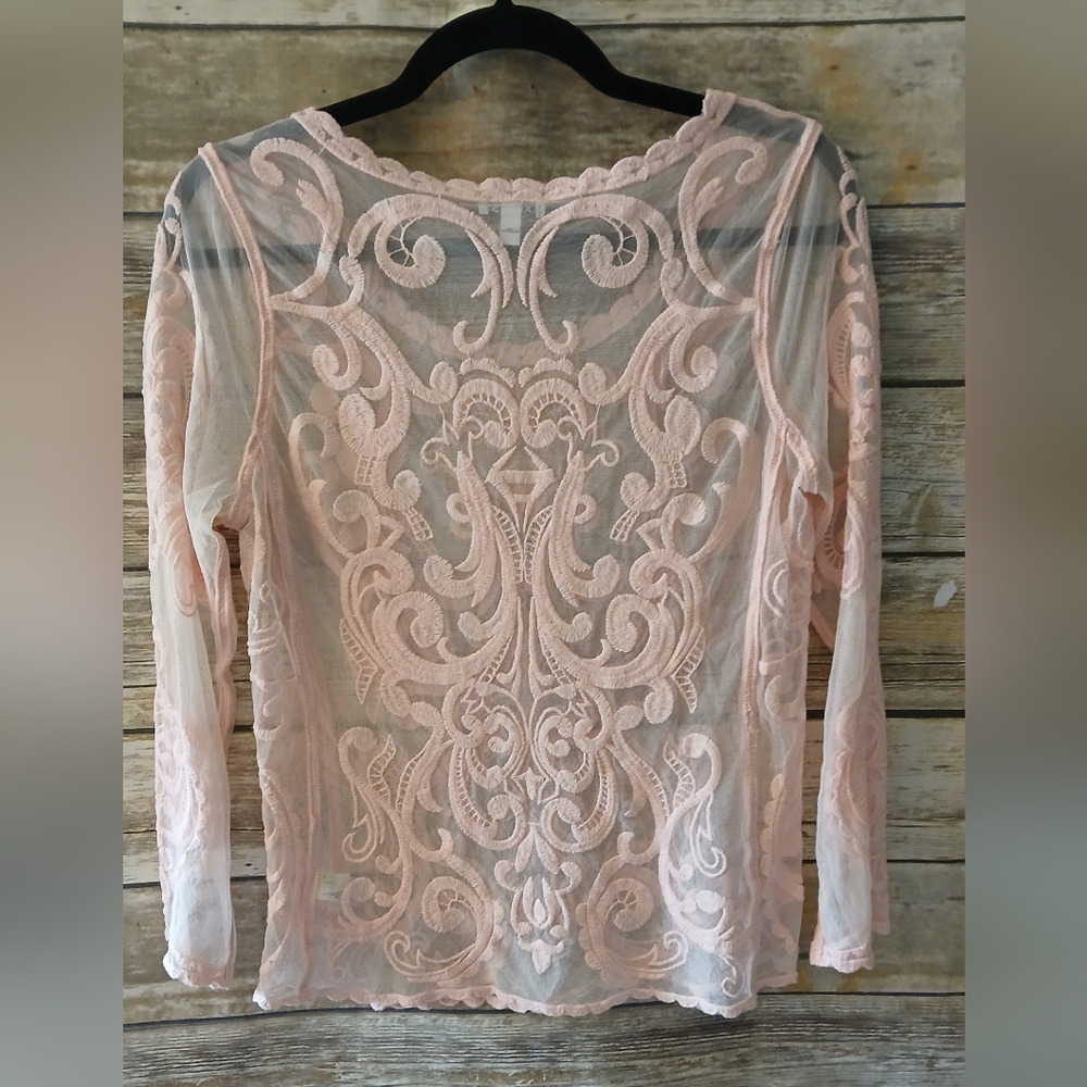 Express Pink Lace Long Sleeve Blush Pink Women Top, Sheer - Picture 10 of 14